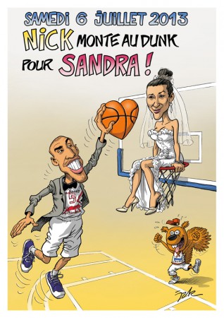 Faire-part en caricature pour le mariage de Nick Pope, basketteur professionnel. 