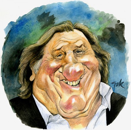 Gérard Depardieu - Peinture à l'eau et crayons de couleur sur papier.
